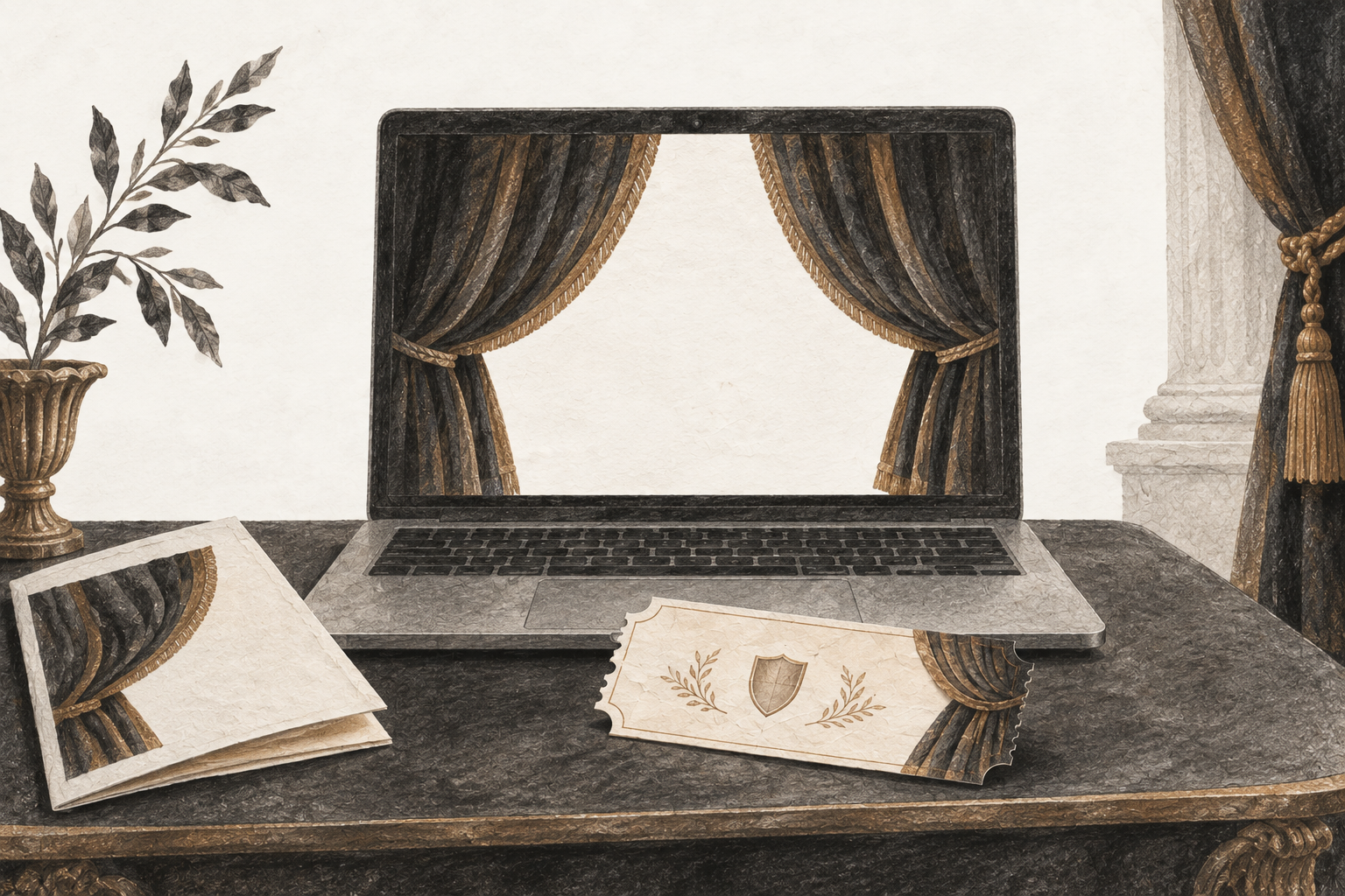 Illustratsioon: arvuti ja teatripilet.