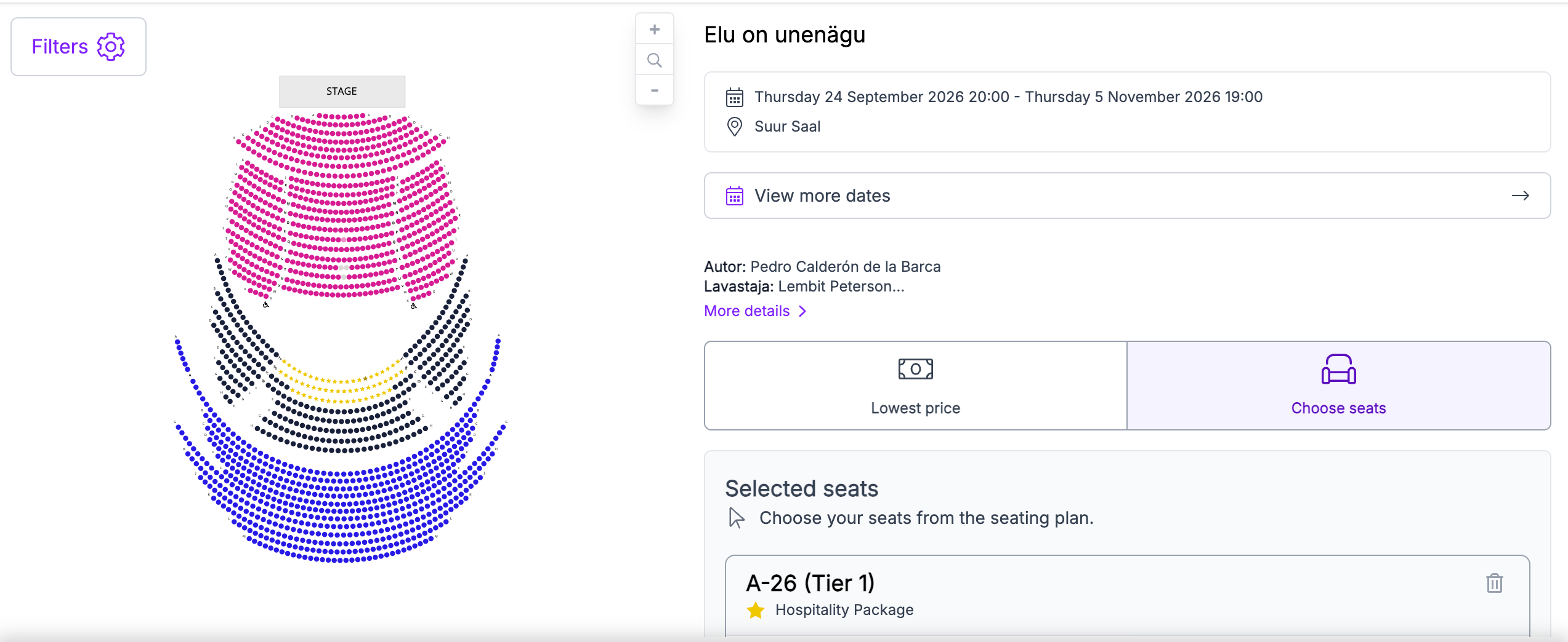 Kasutaja saadetud ostuvaade: mitme hinnatsooniga saaliplaan ja valitud koha A-26 paneel.